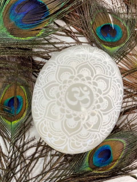 Etched "Om Mandala" Selenite Meditation Palm Stone