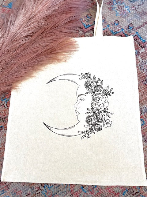 Moon & Flowers Natural Cotton Tote Bag